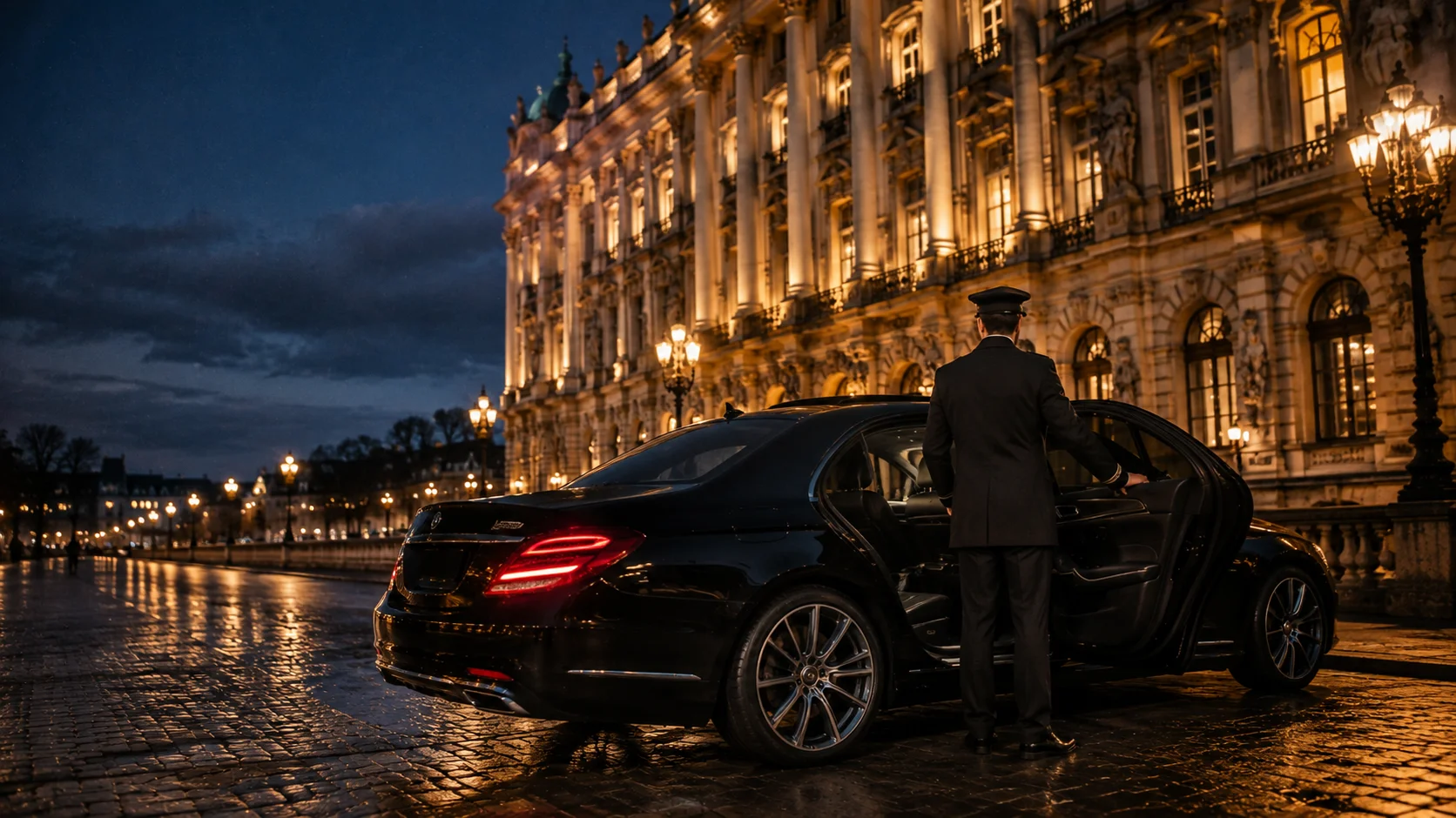 Executive working in the rear seat of a chauffeur-driven Mercedes-Benz