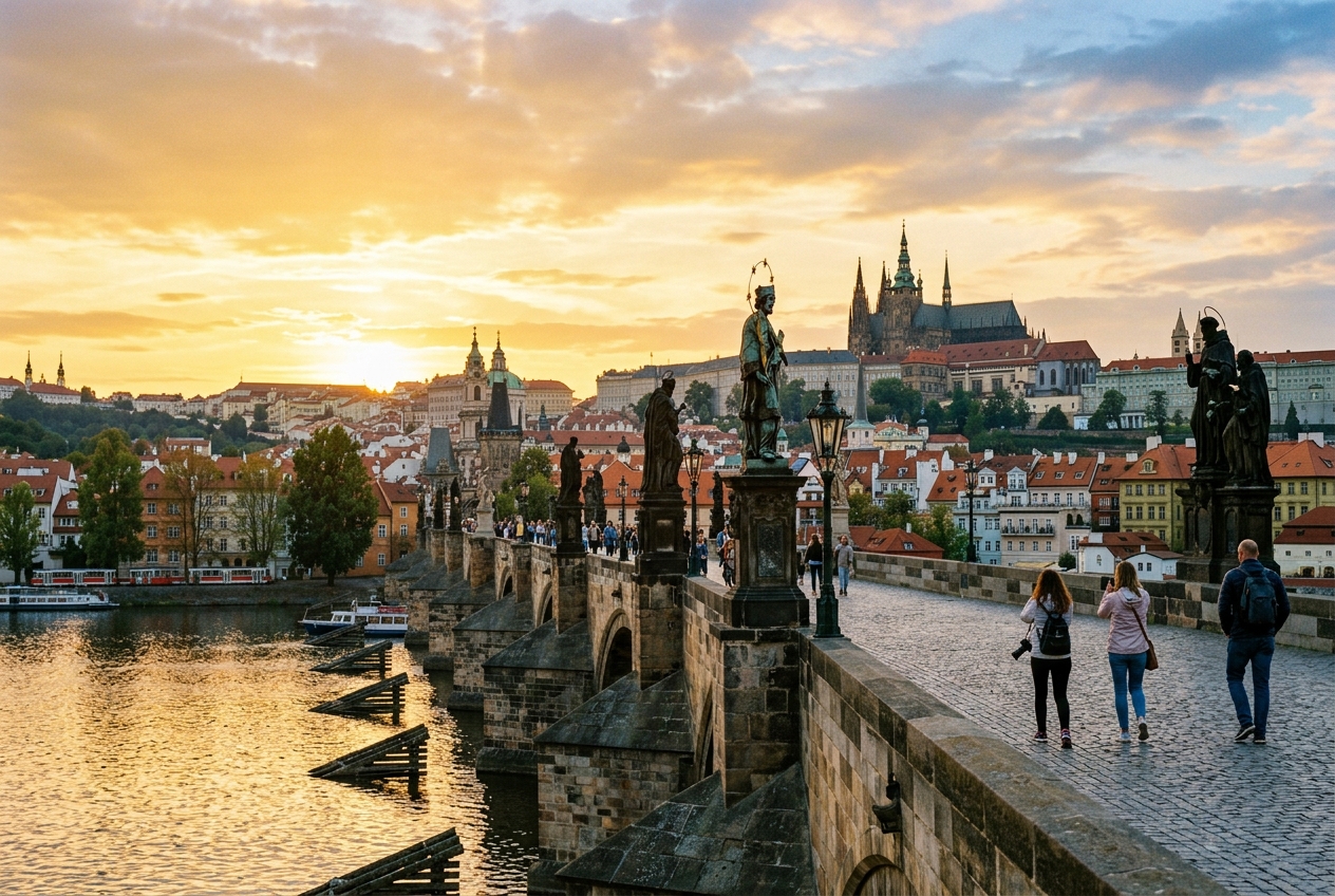 Prague Charles Bridge and Castle at Sunset
