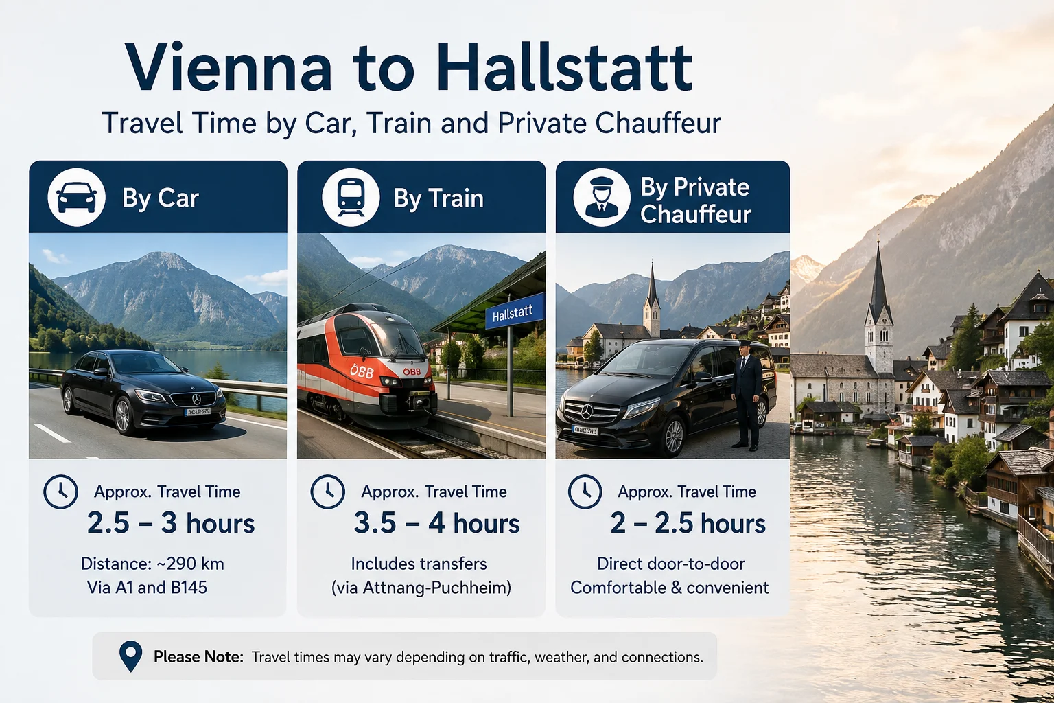 Vienna to Hallstatt Travel Time by Car, Train and Private Chauffeur